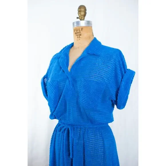 Vintage 70s Royal Blue Terry Cloth Textured Midi Dress, Indie Mod Retro, Small - Picture 5 of 10
